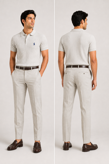 Men's White Ribbed Knit Polo Shirt